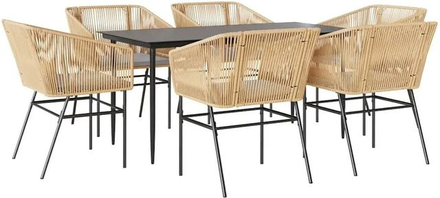 vidaXL 7-teilige Garten-Essgruppe aus Poly Rattan mit Glasplatte und Kissen in Braun - Bild 1