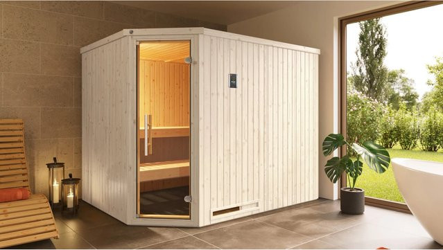 Weka Elementsauna Varberg 4 aus Fichtenholz in Braun mit 7,5 kW Ofenset, B/H/T: 244 x 199 x 194 cm - Bild 1