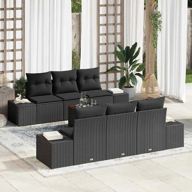 vidaXL 7-teiliges Garten-Sofa-Set in Schwarz aus Polyrattan und Akazie mit Kissen für Garten, Balkon und Terrasse - Bild 1