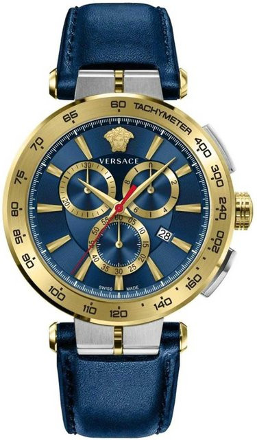 Versace Chronograph, Herrenuhr, Quarz, Edelstahl, Leder, Blau, 45 mm - Bild 1