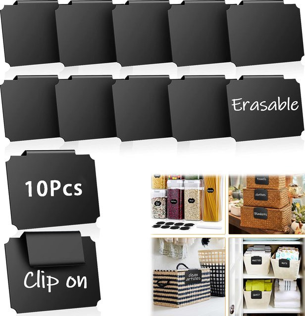 10er Set quadratische Korb-Beschriftungsklemmen aus Kunststoff in Schwarz zur Organisation deiner Küchenutensilien und Lagerbehälter - Bild 1