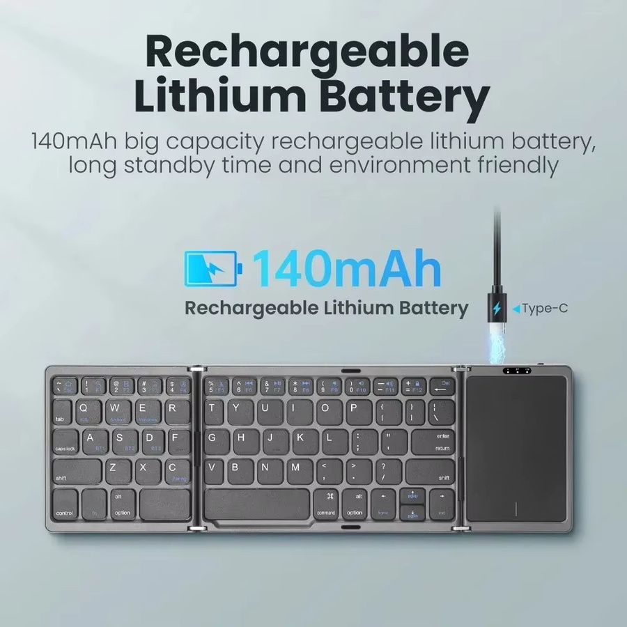 KEBIDUMEI Dreifach faltbare Bluetooth-Tastatur mit Touchpad, 3-Kanal-Multi-Device-Mini-Tastatur für iOS, Android und Windows, Schwarz - Bild 4
