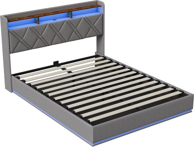 PXloue Polsterbett für Jugendliche mit LED-Beleuchtung und USB-Anschluss, Grau, B/T/H: 160 x 200 x 106,5 cm - Bild 1