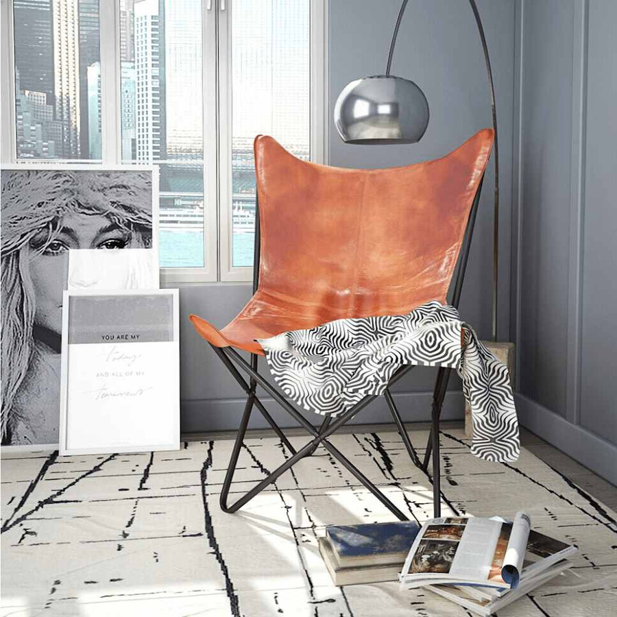 vidaXL Butterfly-Sessel aus braunem Echtleder mit Eisenrahmen im Vintage-Stil, B/T/H: 74 x 66 x 90 cm - Bild 4