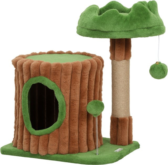PawHut Kratzbaum im Baumstamm-Design mit Höhle und Spielbällen, Plüsch und Jute, Farbe: Braun-Grün, Höhe: 53 cm - Bild 1