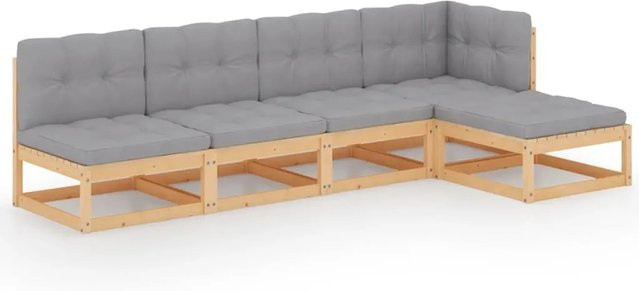 vidaXL 5-tlg Garten-Lounge-Set aus massivem Kiefernholz in L-Form mit grauen Polstern - Bild 1