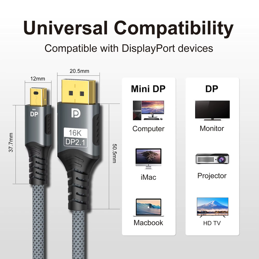 FDBRO Mini DisplayPort zu DisplayPort Kabel DP2.1 Bidirektionaler Konvertierungsadapter für 16K@60Hz und 4K@144Hz für Gaming Laptop und MacBook Air - Bild 2