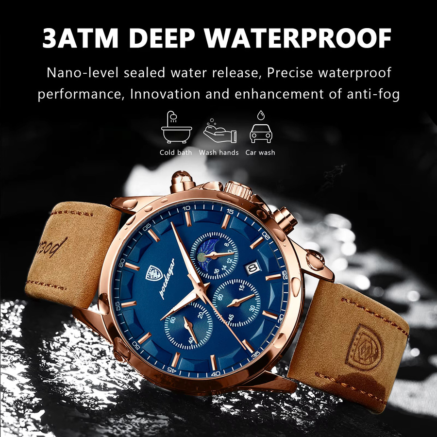POEDAGAR Armbanduhr Chronograph, Quarz, Leder, Blau, Herren - Bild 3
