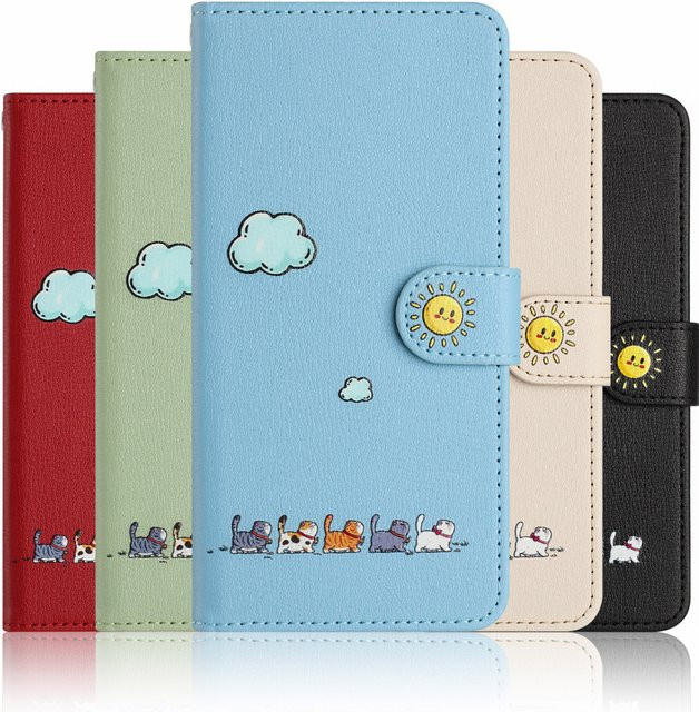 Nette Leder Handyhülle mit Katzen-Design als Brieftasche und Flip-Cover für Samsung Galaxy A-Serie in Rot oder Blau - Bild 1