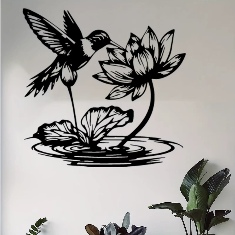 CIFBUY Metall-Wandkunst Kolibri & Lotus Gartenskulptur in Schwarz als Außenzaun-Dekoration - Bild 2
