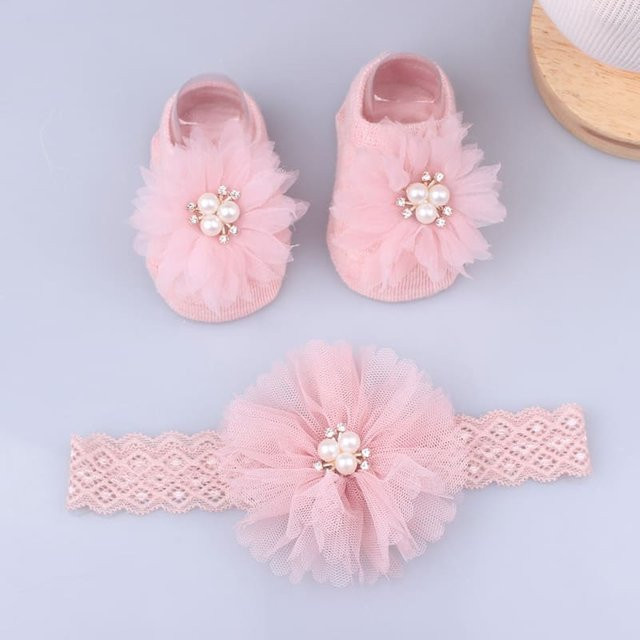Stirnband und Socken Set, Spitze, Blume, rosa, Mädchen - Bild 1