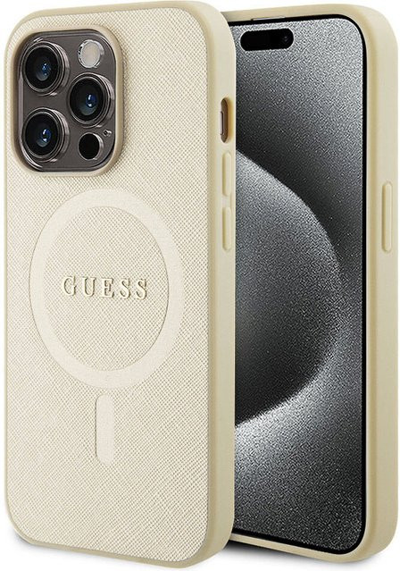 Guess MagSafe Hülle für Apple iPhone 15 Pro aus Saffiano Leder in Beige - Bild 1