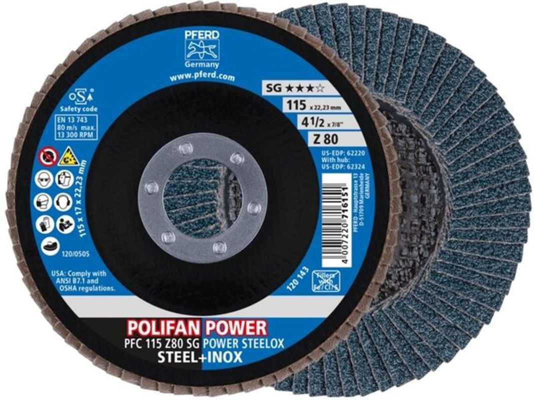 PFERD Power Steelox Fächerschleifscheibe Blau, Durchmesser: 115 mm, Bohrungs-Ø: 22,23 mm, Körnung: 80 - Bild 2