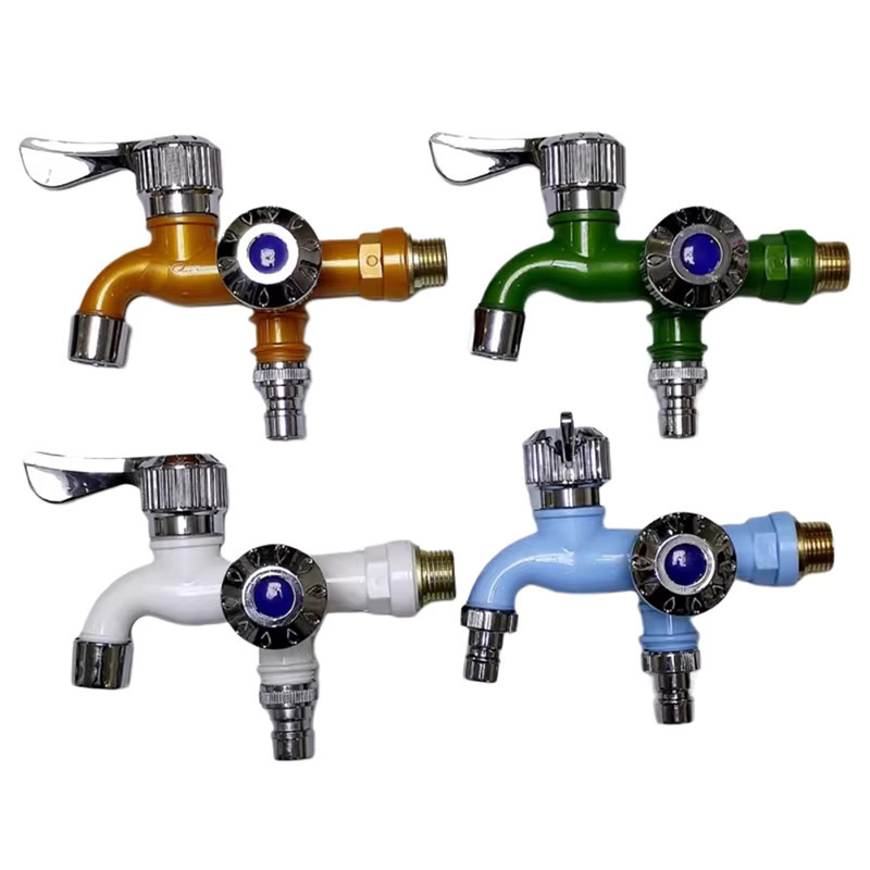 Dual Control Doppel Outlet Wasserhahn mit 1/2 Zoll Universal Interface aus Kunststoff in Chrom-Optik und Grün - Bild 2
