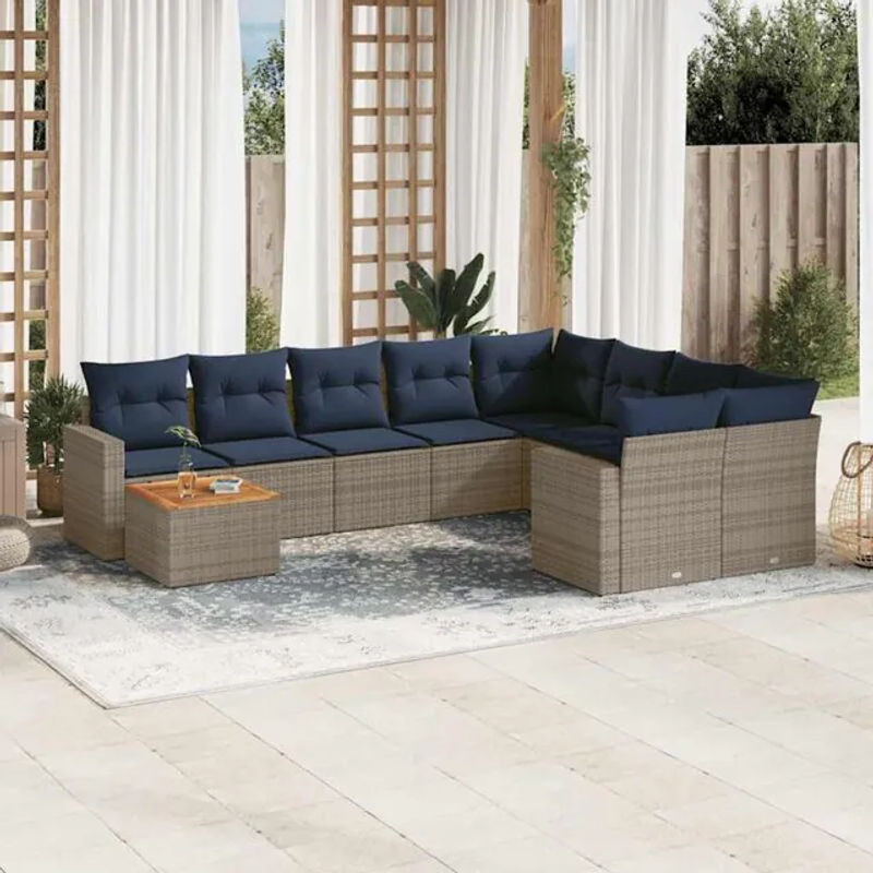 vidaxl 10-tlg. Garten-Sofagarnitur in L-Form aus Poly-Rattan mit Kissen in Grau und Blau - Bild 1