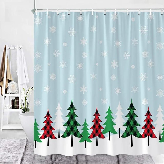 Weihnachts-Duschvorhang Set mit Karomuster, Weihnachtsbaum und Schneeflocken in Rot, inklusive Haken, Breite: 90 cm, Höhe: 180 cm - Bild 1