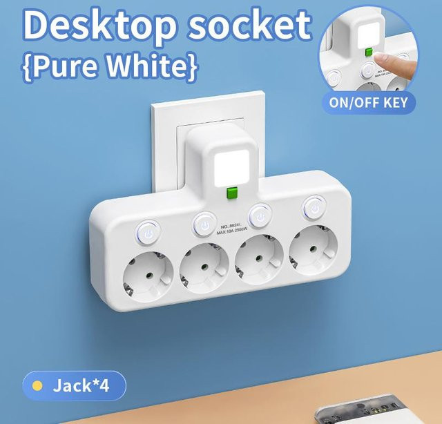 XinKaiCanCan Steckdosenleiste mit 4 AC-Steckdosen, USB-Typ-C-Anschlüssen und zwei unabhängigen Schaltern inklusive Nachtlicht in Weiß - Bild 1
