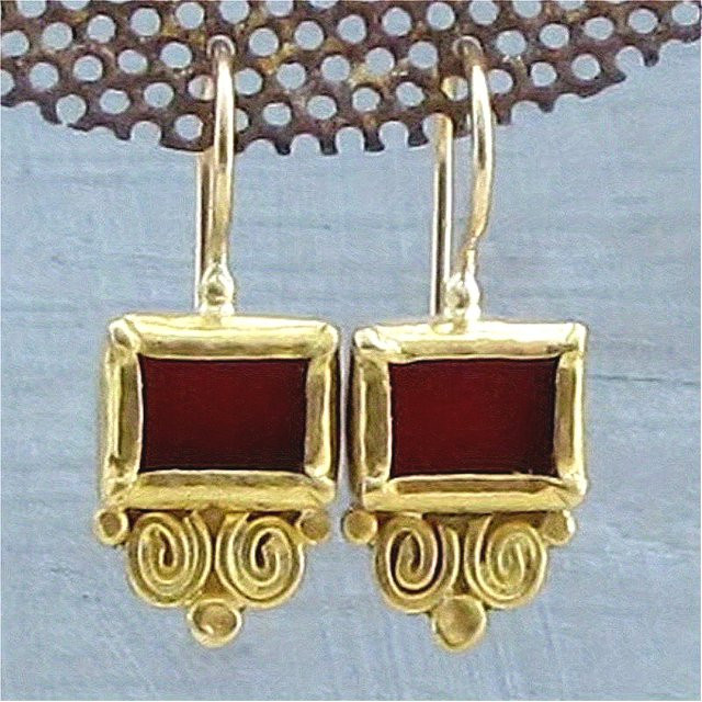 YoYo Anhänger-Ohrringe, Roter Achat, Gold, Damen, Vintage - Bild 1