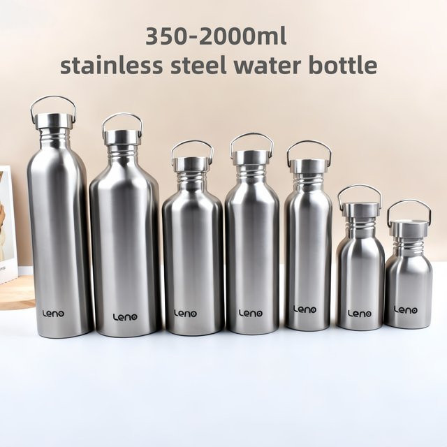 Leno Edelstahl-Wasserflasche in Silber mit großem Mund und Stahldeckel - Bild 1