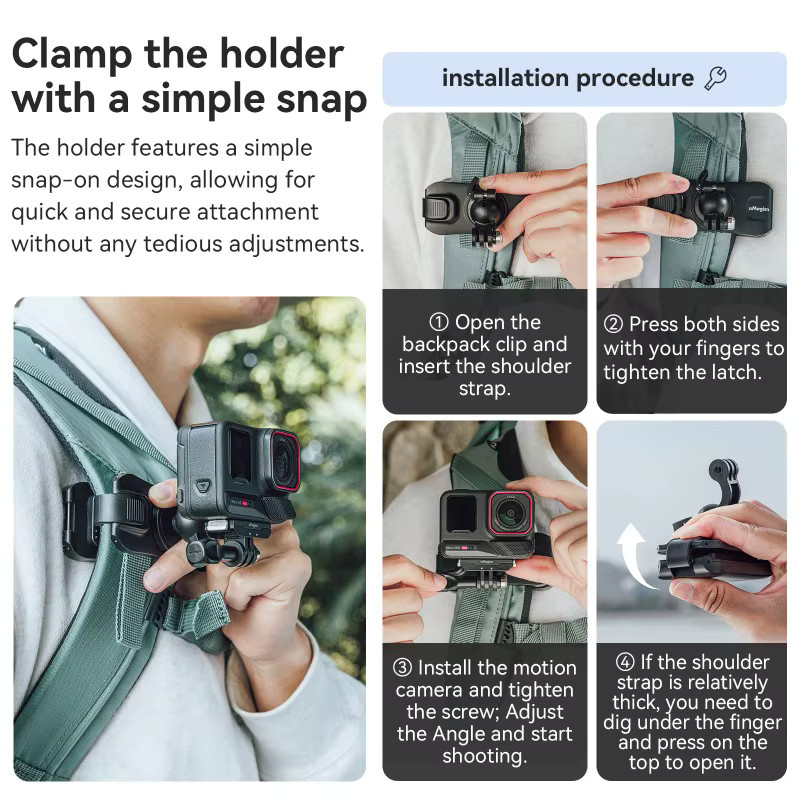 aMagisn Rucksackclip Schwarz: 360° Riemenklemmhalterung für Insta360, DJI und GoPro Action-Kameras - Bild 5