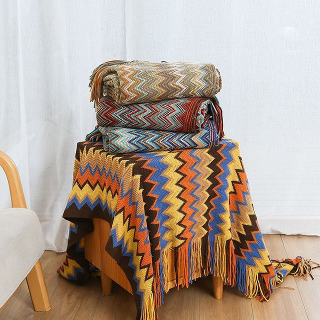 Blaue Strickdecke im nordischen böhmischen Stil für Sofa und Wohnzimmer - Bild 1