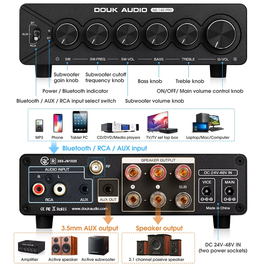 Douk Audio NS-14G-PRO HiFi 2.1-Kanal Bluetooth Digitaler Verstärker mit TPA3255 Chip, 300W Leistungsverstärker, Schwarz - Bild 2