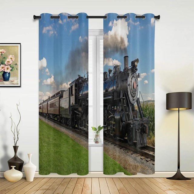 Halbtransparenter Vorhang mit Zug- und Eisenbahn-Motiv für Wohnzimmer, Küche oder Kinderzimmer, Breite: 135 cm, Höhe: 115 cm - Bild 1