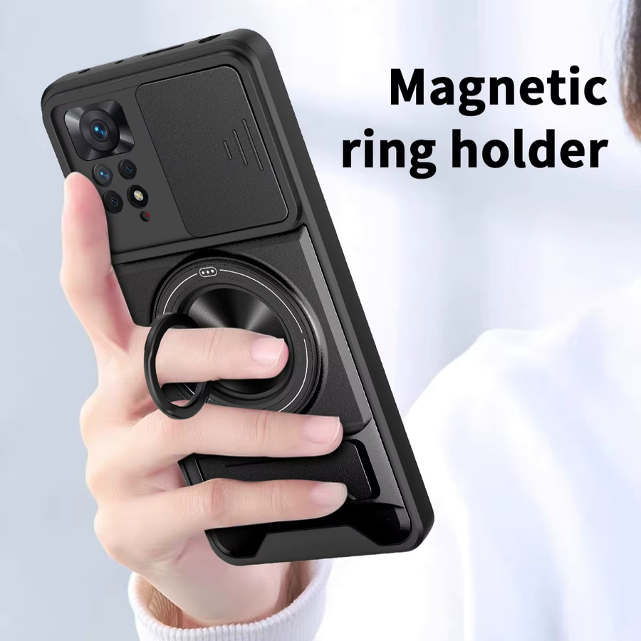 Stoßfeste Xiaomi Handyhülle für Redmi Note 11 und Redmi Note 12 Pro 4G/5G in Schwarz mit verschiebbarer Kamerakappe, Magnetring und Ständer - Bild 3
