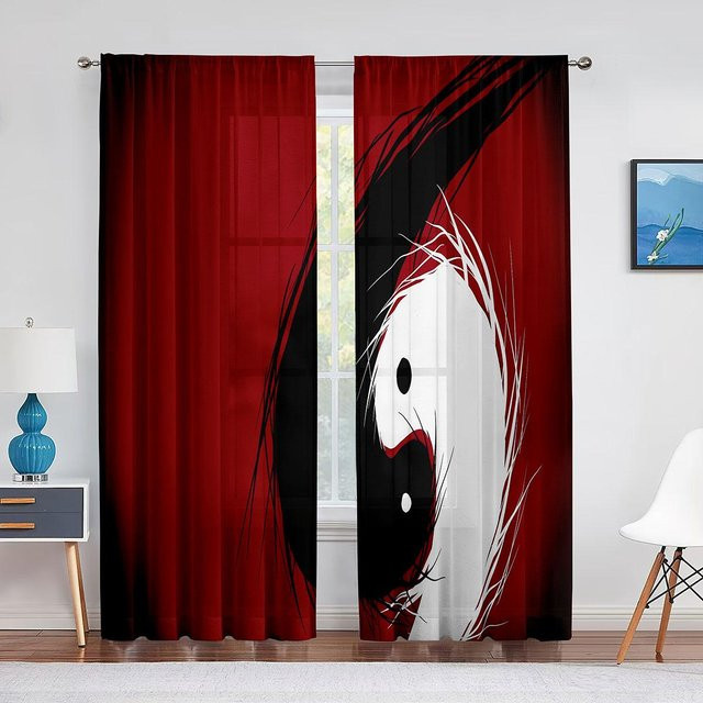 Yiran Furniture Vorhänge mit orientalischem Drachen- und Yin-Yang-Motiv in Rot, semi-transparent, Breite: 100 cm, Höhe: 130 cm - Bild 1