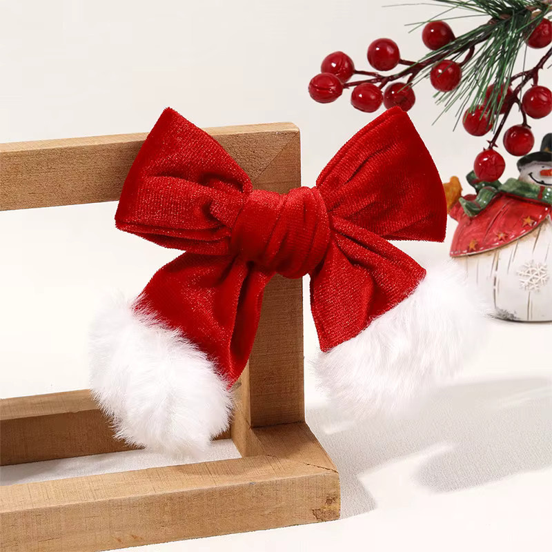 Haarspangen aus rotem Samt, Weihnachtsschleife, weiße pelzige Akzente - Bild 2