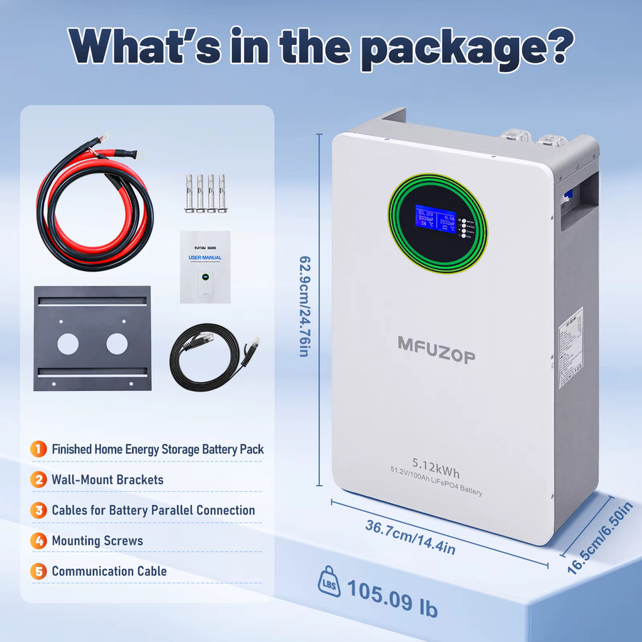 MFUZOP LiFePO4 All-in-One-Batterie 48V 100Ah, 51,2V 5,12kWh, Farbe: Weiß, mit RS485/CAN-Unterstützung, Klasse A - Bild 2