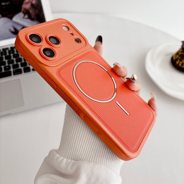 LICOERS Magnetische PU-Leder Hülle für iPhone 17 16 15 14 13 Pro Max mit MagSafe und Kameraschutz in Silver und Orange - Bild 1