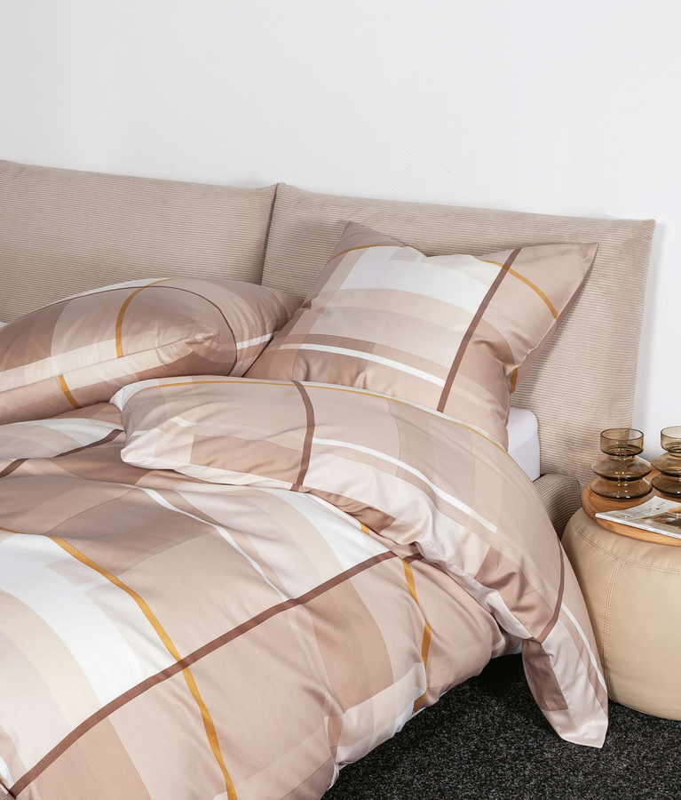 Janine Moments Mako-Satin Bettwäsche mit Kissenbezug in Karo-Streifen, Farbe: Walnuss, Sand, Beige, B/H: 240 x 220 cm, Kissen: 80 x 80 cm - Bild 1