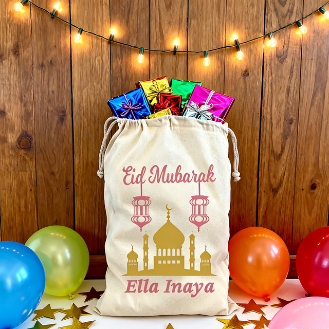 Personalisierte Eid Mubarak Geschenktüte aus Textil in Beige für Kinder und Familien zur Dekoration von Ramadan und Eid - Bild 1