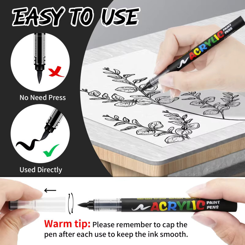 Kolorowys Acrylmarker Set mit 12 Stück, Wasserbasierte Markerstifte mit weicher Pinselspitze in Schwarz, Weiß, Gold, Silber und Multicolour für Steinmalerei und Holz - Bild 3