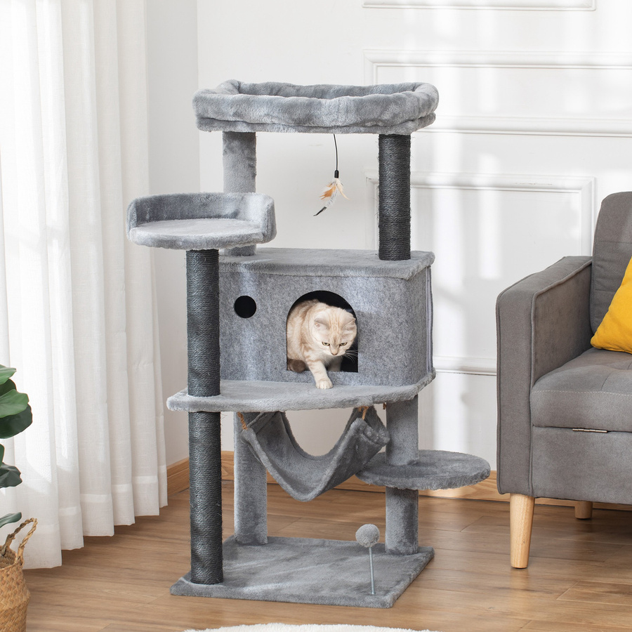 PawHut Kratzbaum für Katzen in Grau mit Häuschen, Hängematte, 4 Plattformen und Spielzeug, B/T/H: 48 x 48 x 107 cm - Bild 2