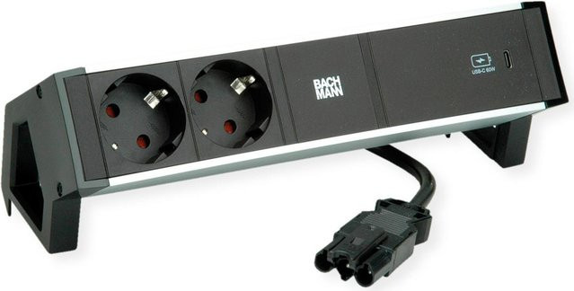 Bachmann DESK2 ALU BLACK Steckdoseneinheit in Schwarz mit 2x Schutzkontaktsteckdosen und 1x USB-C 60W Charger, Aluminium eloxiert, Länge: 88,90 cm - Bild 1