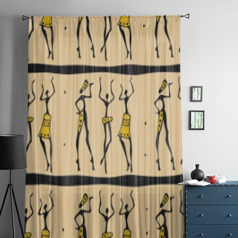Super Six Transparente Chiffon-Fenstervorhänge mit Afrikanischem Tänzer-Motiv in Beige, B: 135 cm, H: 114 cm - Bild 5