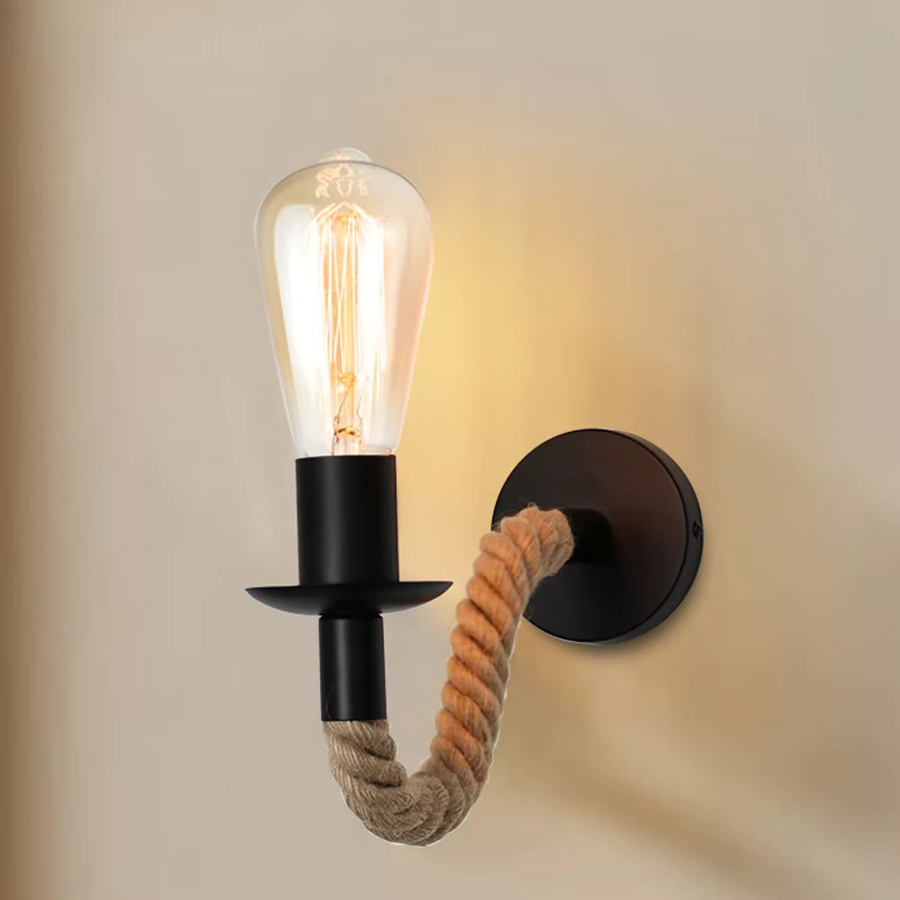 JOYINLED Vintage Wandleuchte E27 aus Hanfseil und Metall in Schwarz und Braun für Wohnzimmer und Schlafzimmer - Bild 2