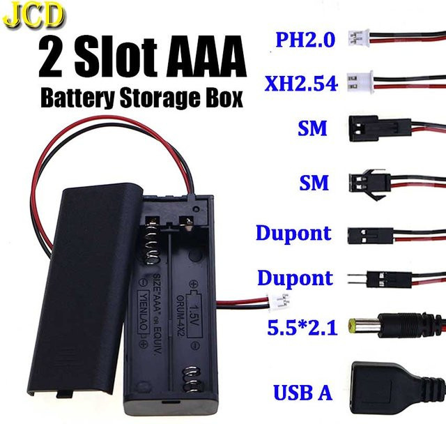 JCD 2-Slot AAA-Batteriehalter in Schwarz mit PH2.0 XH2.54 Dupont SM Steckern und Schalter - Bild 1