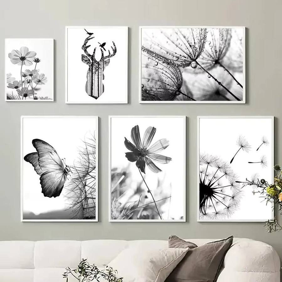 Potdemiel Wandkunst Leinwand Poster mit schwarz-weißer Blumenmalerei, Löwenzahn und Schmetterlingen zur Dekoration deines Wohnzimmers - Bild 1