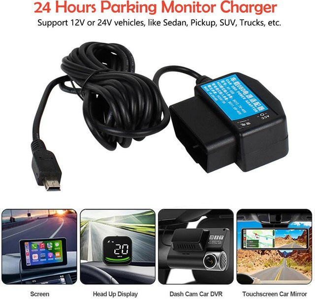 Mini USB OBD Zigarettenanzünder Adapter mit 5PIN Anschluss und Schalterkabel für Dash Cam und Werkzeuge, Schwarz, Kabellänge: 3,5 m - Bild 1