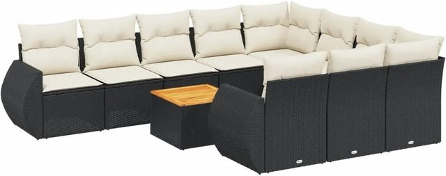 vidaXL 11-teilige Garten-Sofagarnitur in L-Form aus Polyrattan und Akazienholz mit Kissen in Schwarz-Creme - Bild 1