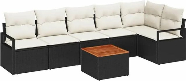 vidaXL Garten-Sofa-Set aus Poly Rattan in Schwarz mit 7-teiliger L-Form und Kissen