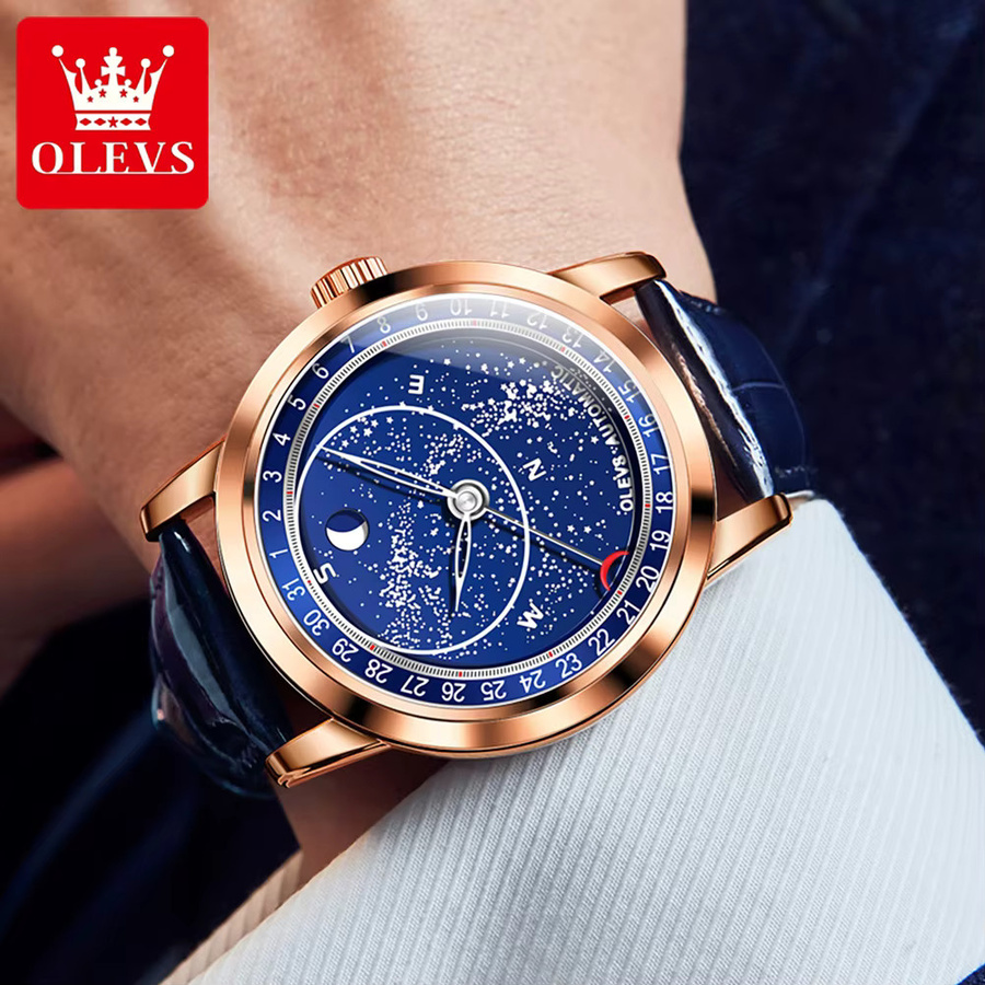 OLEVS Armbanduhr, Automatik, Mondphase, Blau, Leder, Herren - Bild 3