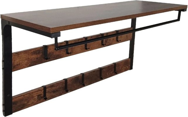 Relaxdays Wandgarderobe im Industrial Design aus MDF und Eisen mit 10 Haken, Kleiderstange und Ablage, Dunkelbraun/Schwarz, B/T/H: 80 x 42 x 30 cm - Bild 1