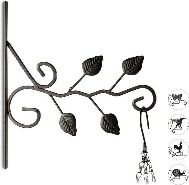 Relaxdays Blumenhaken aus Eisen in Schwarz mit Blätter-Design im Landhaus-Stil, B/H/T: 30,5 x 28 x 2 cm - Bild 1