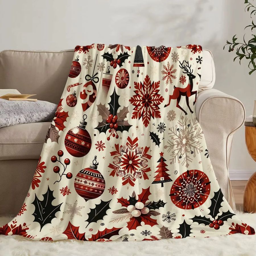 JIT Weihnachts-Flanell-Decke mit Schneeflocken und Stechpalmenmuster in Rot und Multicolor - Bild 3