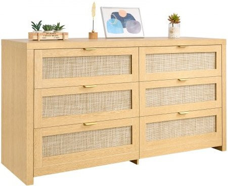 VEVOR Rattankommode mit 6 Schubladen in Beige oder Braun, moderner Aufbewahrungsschrank aus Spanplatte und Kunststoff-Rattan für Schlafzimmer und Wohnzimmer, B/T/H: 144,5 x 45,0 x 79,5 cm - Bild 1
