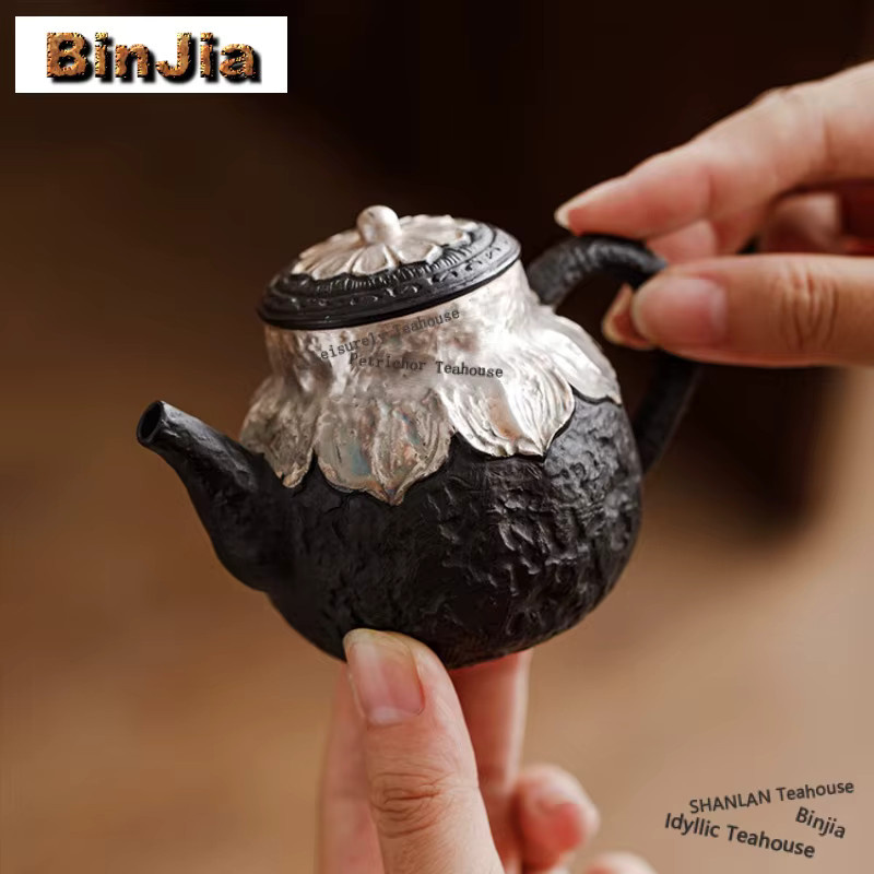 BinJia Keramik-Teekanne im chinesischen Stil aus Ton, Schwarz-Lila mit Silberakzenten, 200 ml - Bild 6